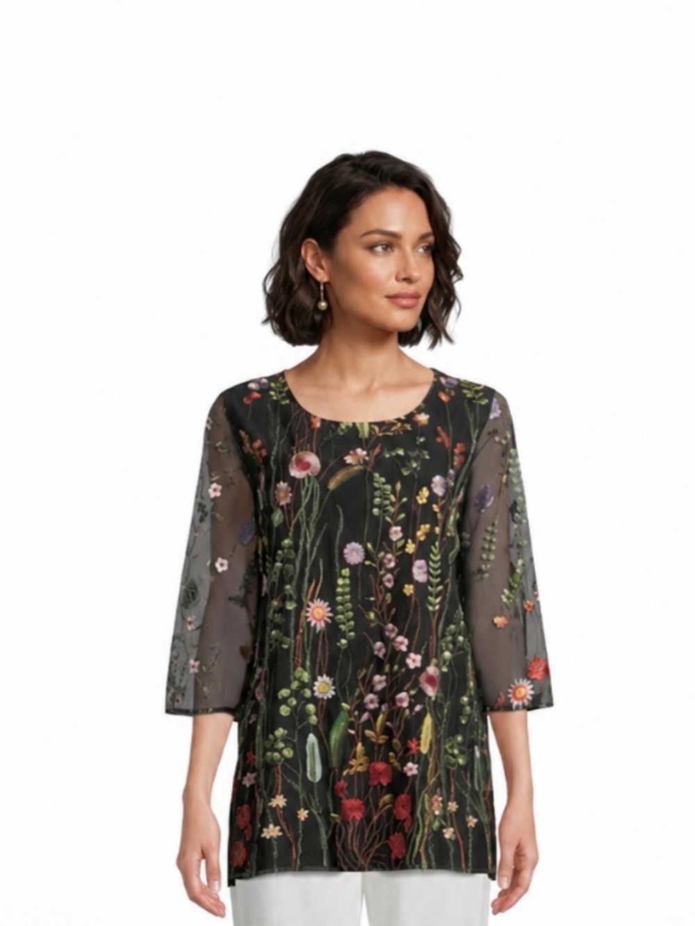 Caroline Rose  Black Embroidered Floral Mesh Top Petite Large Like New!